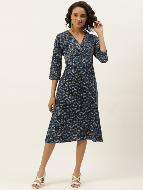 

Taavi Women Navy Blue & White Indigo Hand Block Print A-Line Sustainable Dress