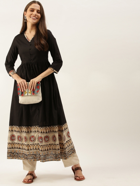 

Taavi Women Black Kalamkari Hand Block Print Kurta with Button Detailing