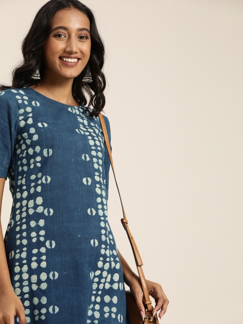 

Taavi Women Navy Blue & White Pure Cotton Indigo Dyed Styled Back Straight Kurta