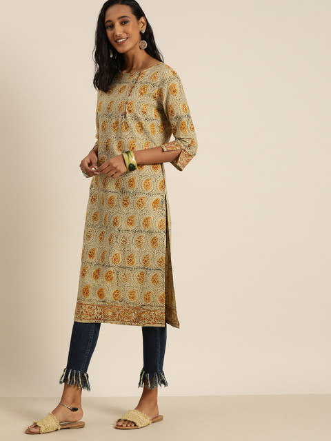 

Taavi Women Beige & Brown Kalamkari Hand Block Print Kurta with Pockets