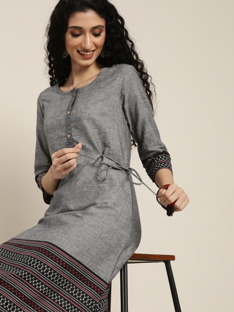 

Taavi Women Grey & Black Woven Legacy A-Line Kurta with Tie-Ups