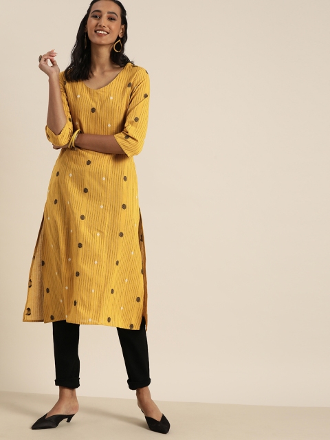 

Taavi Women Mustard Yellow & Black Woven Legacy Striped Straight Kurta with Pockets