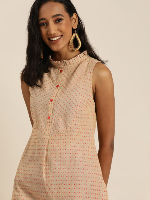 

Taavi Women Beige & Red Woven Legacy Striped Straight Kurta with Pleats