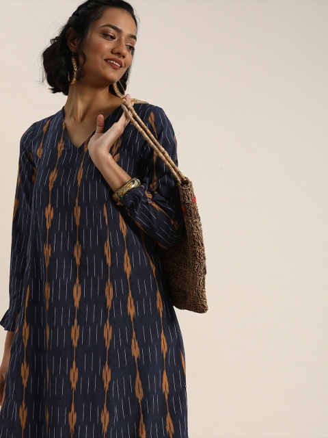 

Taavi Women Navy Blue & Brown Ikat Woven Design A-Line Kurta with Pockets