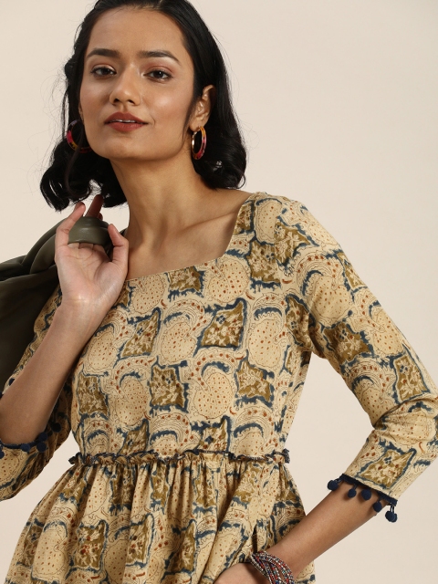 

Taavi Women Beige & Olive Green Kalamkari Hand Block Print Sustainable A-Line Kurti