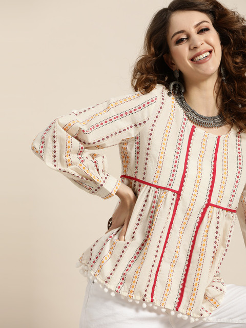 

Taavi Women Off White & Orange Woven Legacy Striped Pure Cotton A-line Top with Gathers