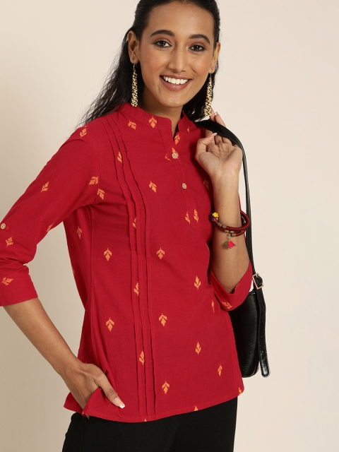 

Taavi Women Red Woven Legacy Mandarin Collar Roll-up Sleeves Pure Cotton Regular Top