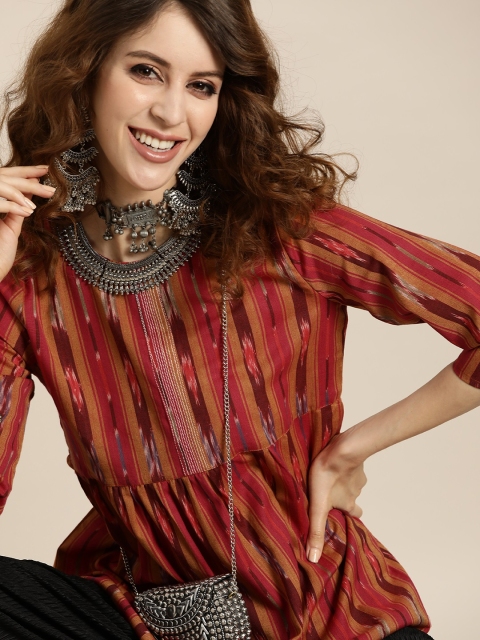 

Taavi Women Maroon & Yellow Ikat Print A-Line Top with Gathers