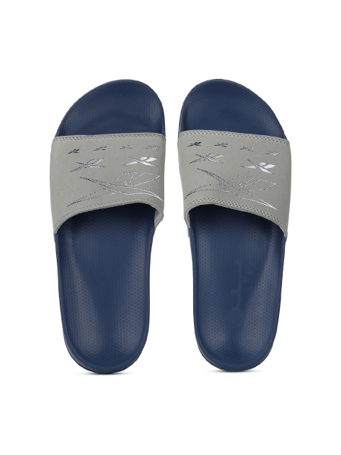 

Reebok Men Grey & Navy Blue Printed COMFORT Sliders