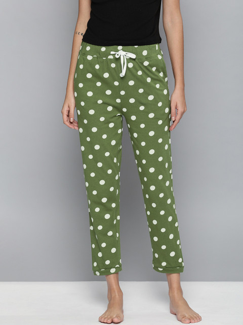 

HERE&NOW Women Olive Green & White Printed Cropped Lounge Pants