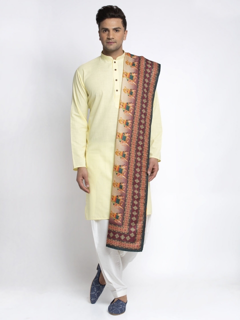 

MAXENCE Men Yellow & White Solid Kurta with Pyjamas & Shawl