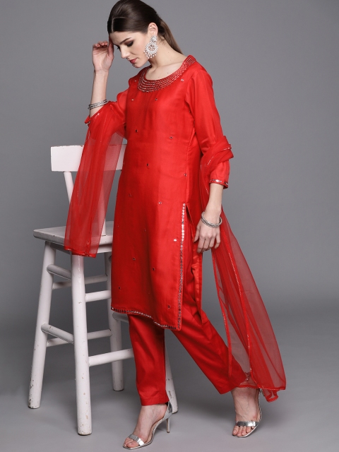 

Inddus Women Red Mirror-Work Kurta with Trousers & Dupatta