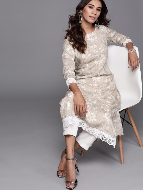 

Inddus Women Beige & White Floral Print Straight Kurta