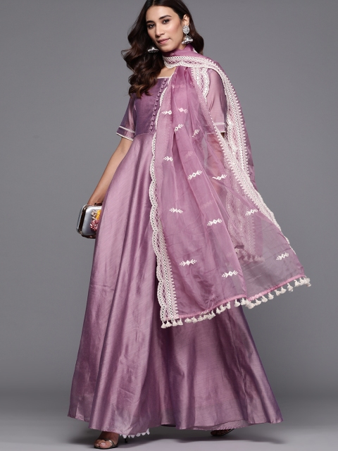 

Inddus Women Purple Solid Anarkali Kurta with Embroidered Organza Dupatta