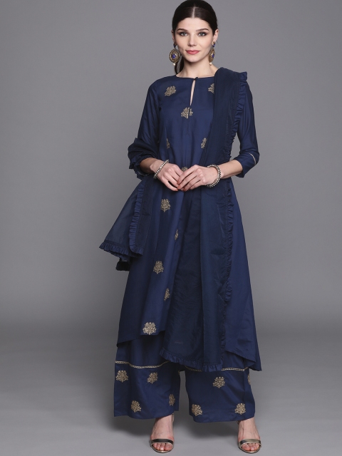 

Inddus Women Navy Blue & Golden Zari Embroidered Kurta with Palazzos & Dupatta