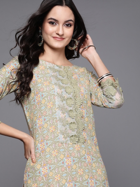 

Inddus Women Green & Mustard Yellow Printed Straight Kurta
