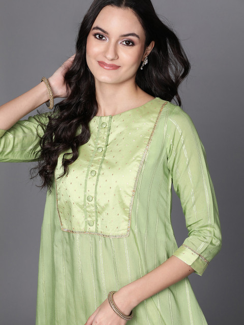 

Inddus Women Green & Golden Zari Striped A-Line Kurta