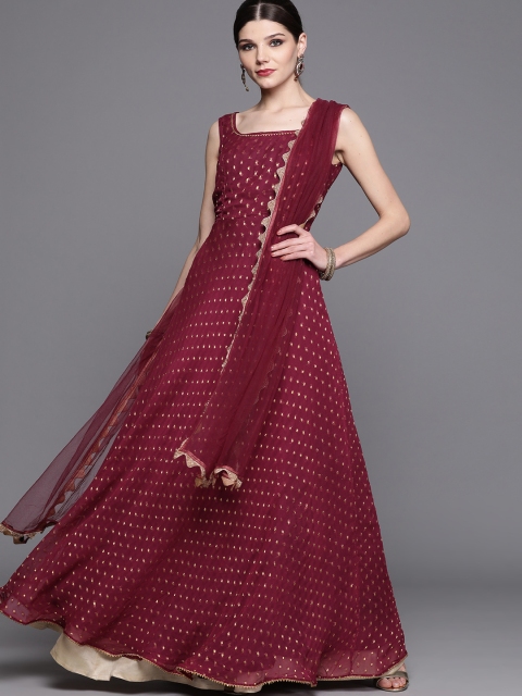 

Inddus Women Burgundy & Golden Woven Design Dobby Weave Anarkali Kurta with Dupatta