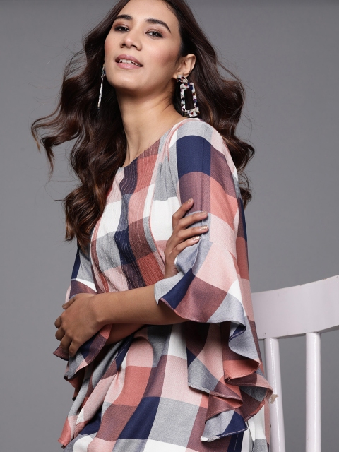 

Inddus Women Navy Blue & White Checked Straight Kurta