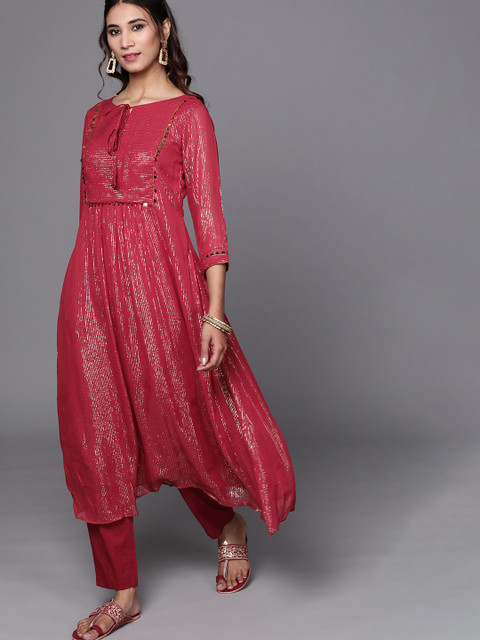 

Inddus Women Red Woven Design Kurta with Trousers
