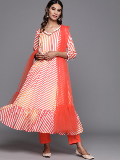 

Inddus Women Orange & Off-White Striped Kurta with Trousers & Dupatta