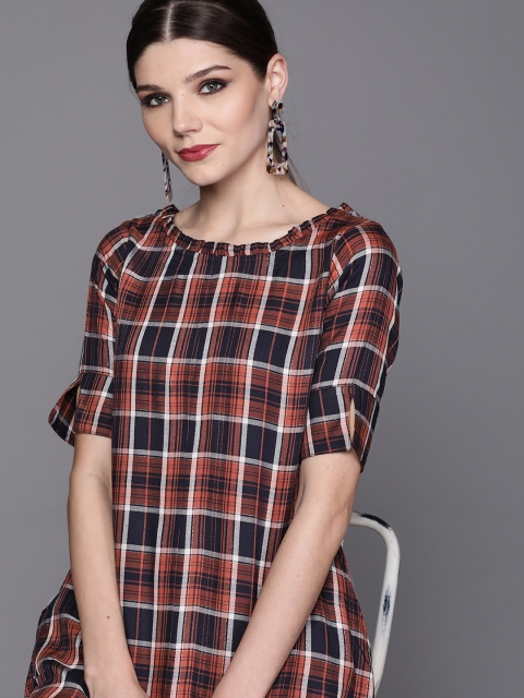 

Inddus Women Rust Orange & Black Checked A-Line Kurta