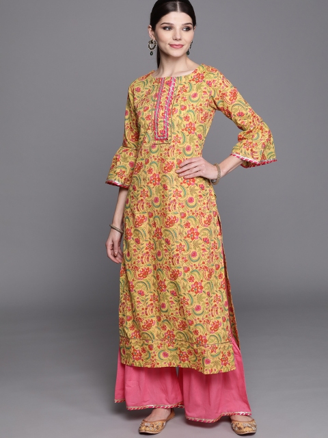 

Inddus Women Yellow & Pink Printed Kurta with Sharara