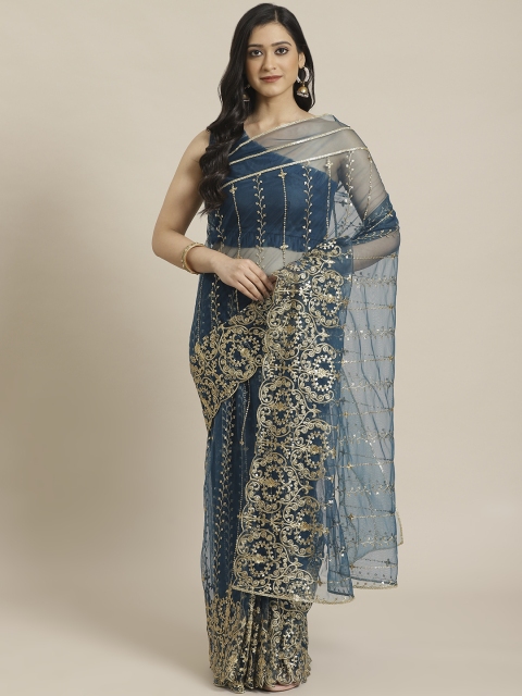 

Inddus Navy Blue Embroidered Net Saree