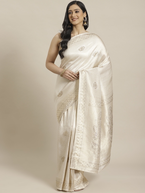 

Inddus Cream-Coloured & Golden Woven Design Saree