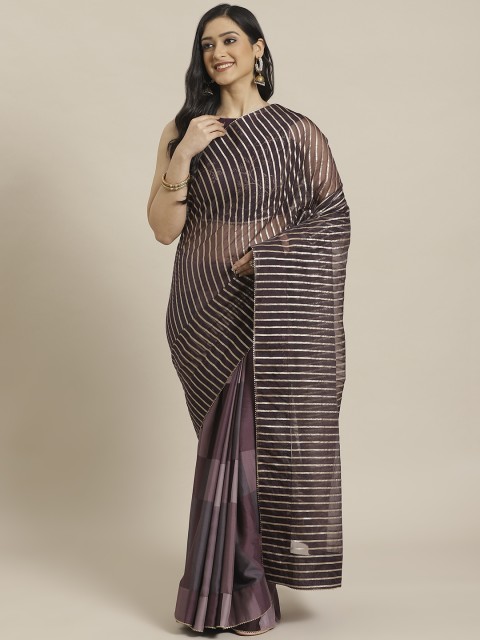 

Inddus Purple & Golden Organza Striped Saree