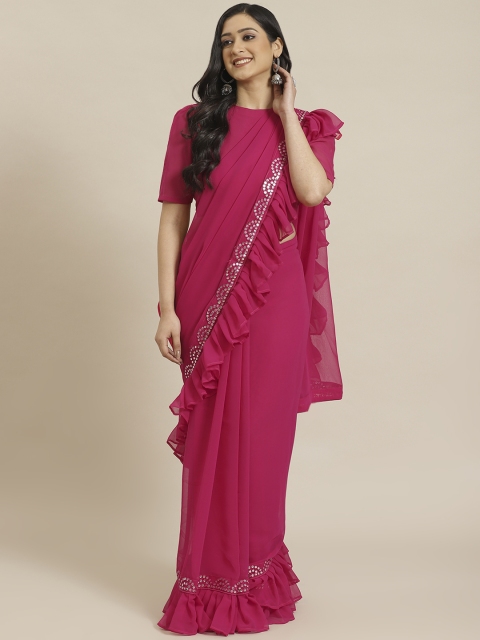 

Inddus Pink Solid Ruffled Saree