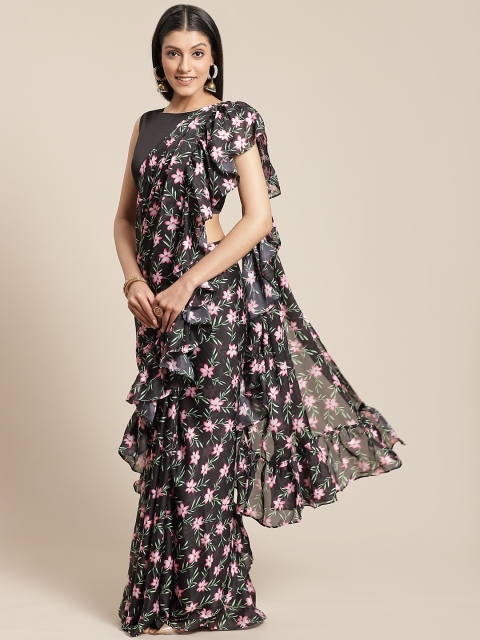 

Inddus Black & Pink Satin Floral Printed Ruffled Saree