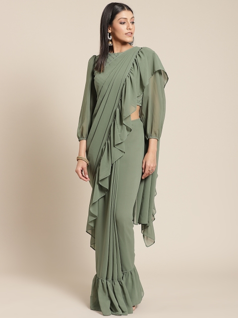 

Inddus Sage Green Ready to Wear Solid One Minute Saree Saree