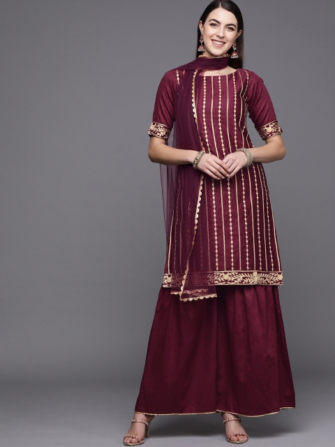 

Inddus Purple & Golden Gotta Patti Striped Cotton Blend Unstitched Dress Material
