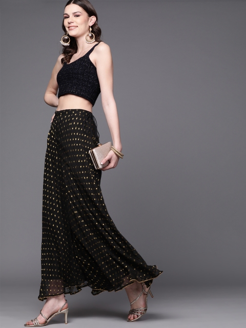 

Inddus Women Black & Golden Woven Design Flared Palazzos