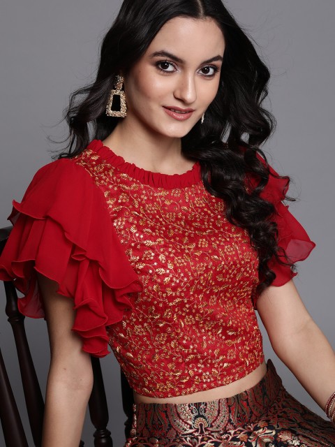 

Inddus Red & Golden Embroidered Crop Top