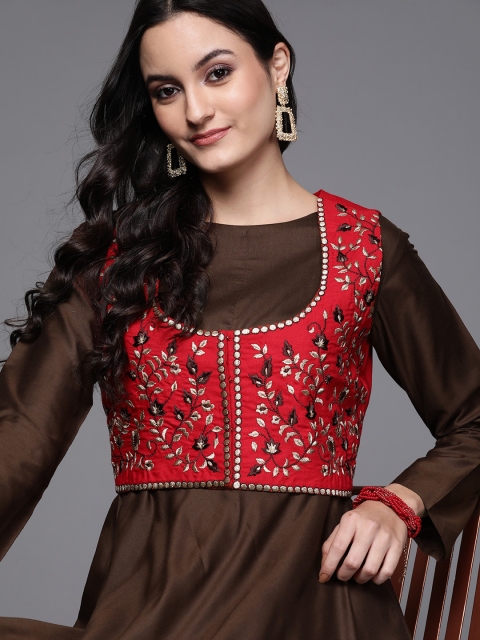 

Inddus Women Brown Solid Maxi Dress With Ethnic Jacket