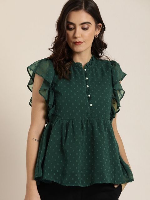 

Moda Rapido Women Green Self Design Flutter Sleeve Gathered A-Line Top