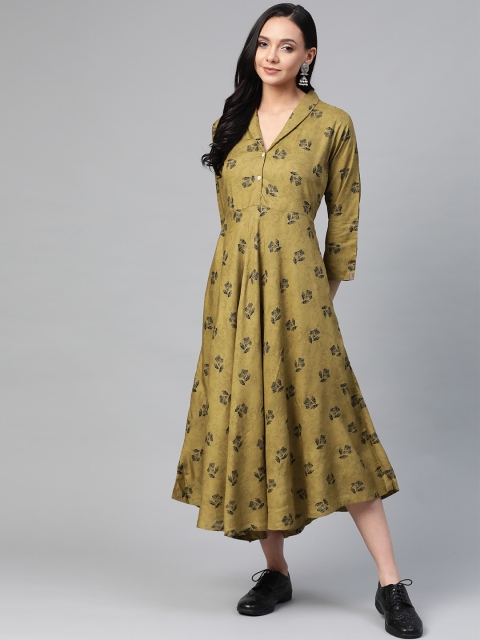 

Jompers Women Olive Green & Black Floral Printed A-Line Dress