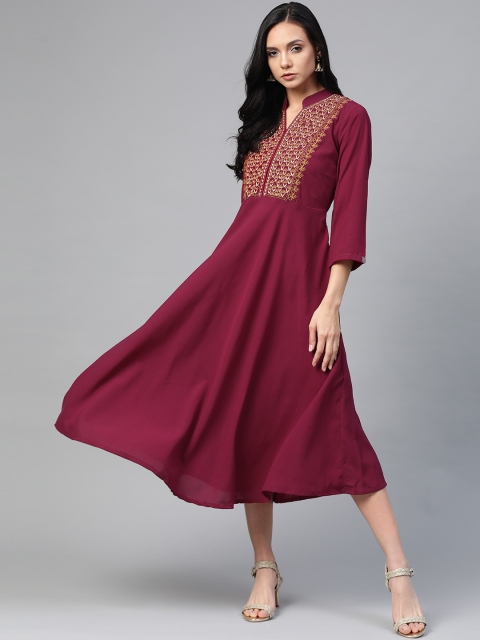 

Jompers Women Burgundy Embroidered Detail A-Line Dress
