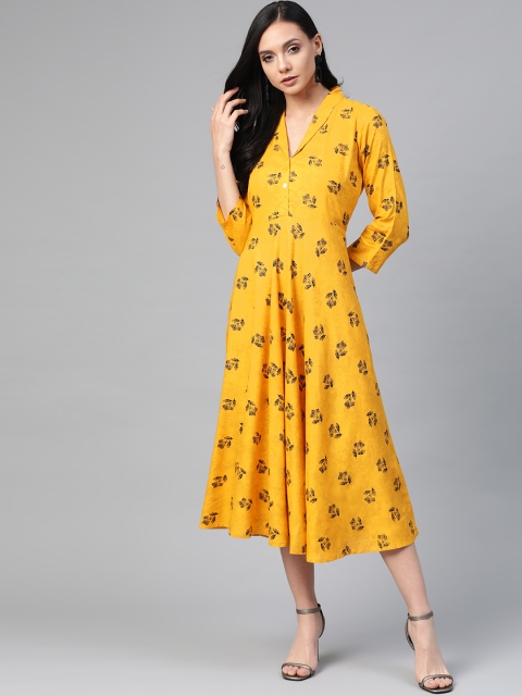 

Jompers Women Yellow & Black Floral Printed A-Line Dress