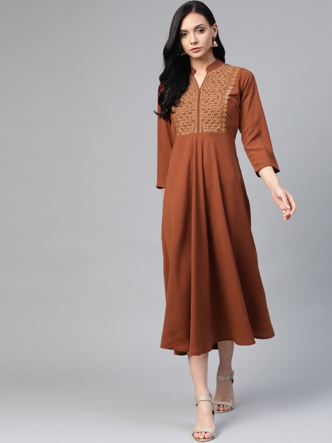 

Jompers Women Mustard Brown Embroidered Detail A-Line Dress
