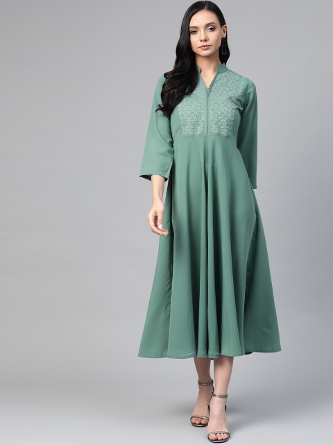 

Jompers Women Green Embroidered Detail A-Line Dress