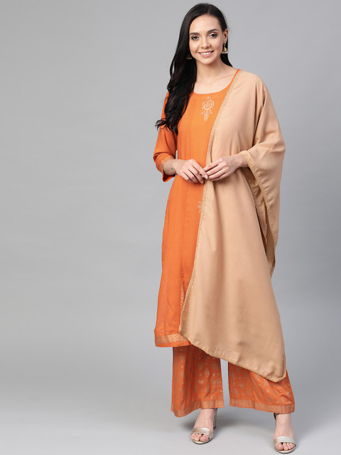 

Jompers Women Orange & Golden Block Printed Kurta with Palazzos & Dupatta