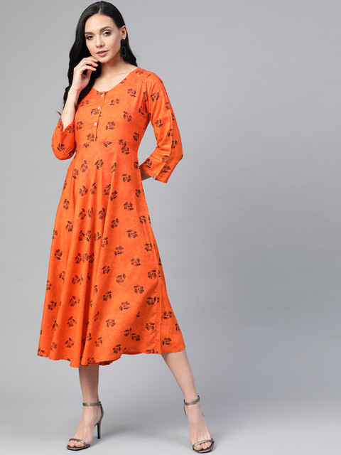 

Jompers Women Orange & Black Floral Printed A-Line Dress