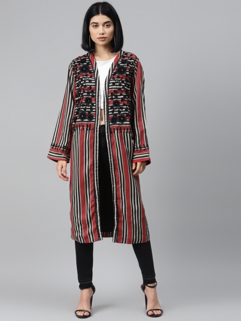 

I AM FOR YOU Women Red & Black Pure Cotton Striped Twill Longline Open Front Ethnic Jacket