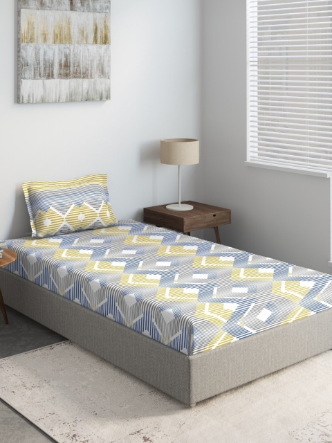 

DDecor Blue & Yellow Geometric Print 144 TC Cotton Single Bedsheet With Pillow Cover