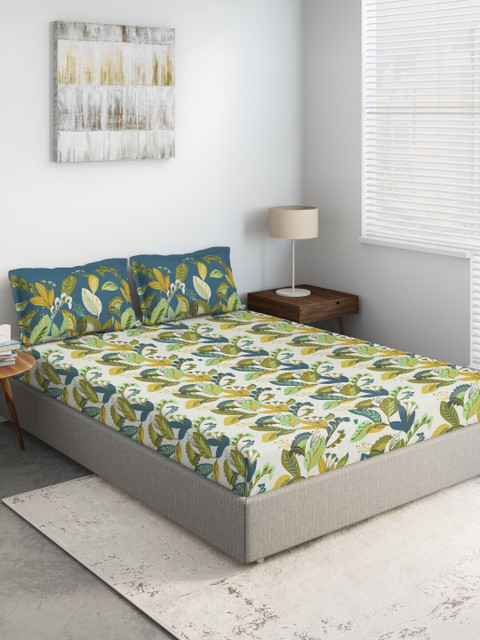 

DDecor Green & White Floral 144 TC Cotton 1 Queen Bedsheet with 2 Pillow Covers