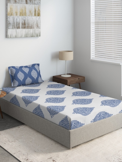 

DDecor White & Blue Ethnic Motifs Printed 144 TC Cotton 1 Single Bedsheet With 1 Pillow Covers