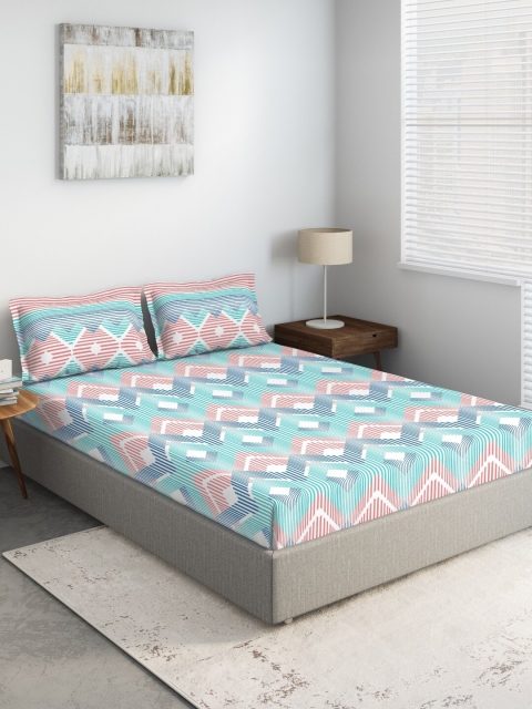 

DDecor White & Blue Printed 144 TC King Bedsheet With 2 Pillow Covers